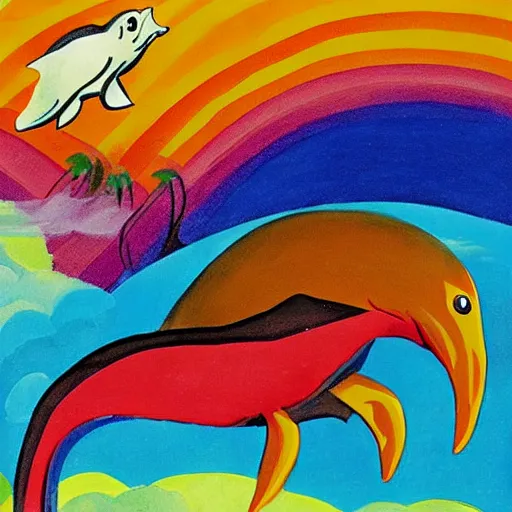 Image similar to the grim reaper riding a dolphin that is jumping over a rainbow, by mary blair,