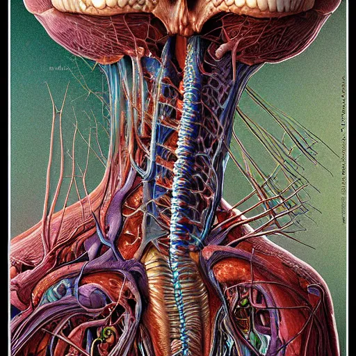 Image similar to nightmare etherreal iridescent vascular nerve bundles pearlescent spinal chord horror by naoto hattori, zdzislaw, norman rockwell, studio ghibli, anatomical cutaway