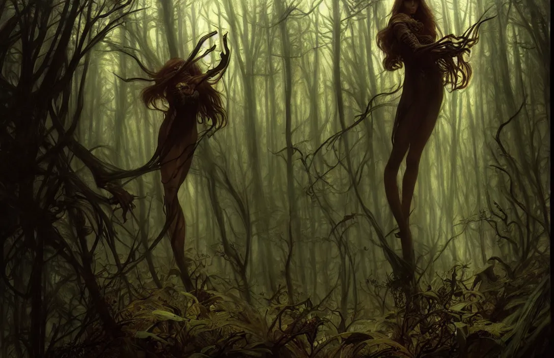 Prompt: inside a dark horror forest, heroic lighting, sci-fi, intricate, elegant, highly detailed, lifelike, photorealistic, digital painting, artstation, illustration, concept art, smooth, sharp focus, art by John Collier and Albert Aublet and Krenz Cushart and Artem Demura and Alphonse Mucha