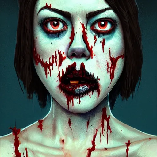 Image similar to color head portrait of aubrey plaza as a really cute zombie, 7 days to die zombie, gritty background, fine art, award winning, intricate, elegant, sharp focus, cinematic lighting, digital painting, 8 k concept art, art by michael hussar, art by brom, art by guweiz and z. w. gu, 8 k