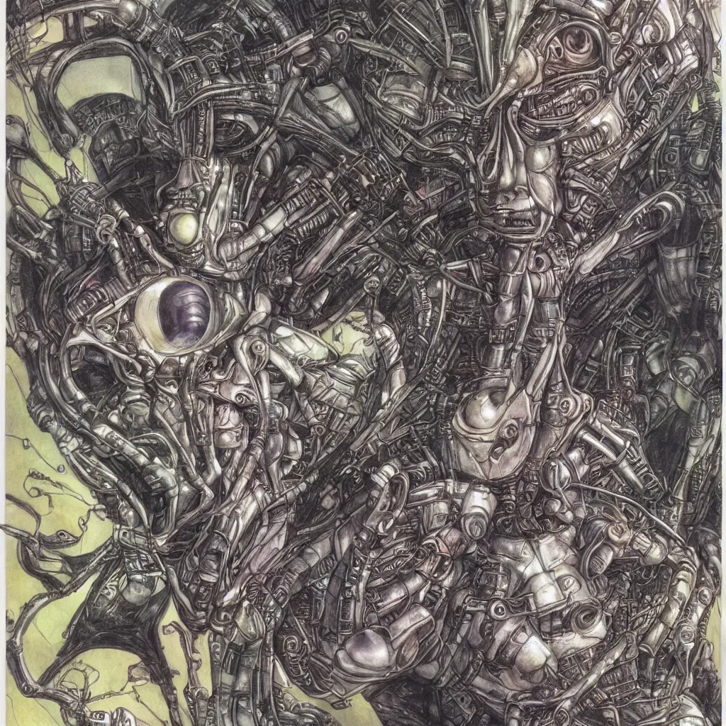 Image similar to alien robot drawing a human face with hand, patrick woodroffe, akria toriyama, spirited away