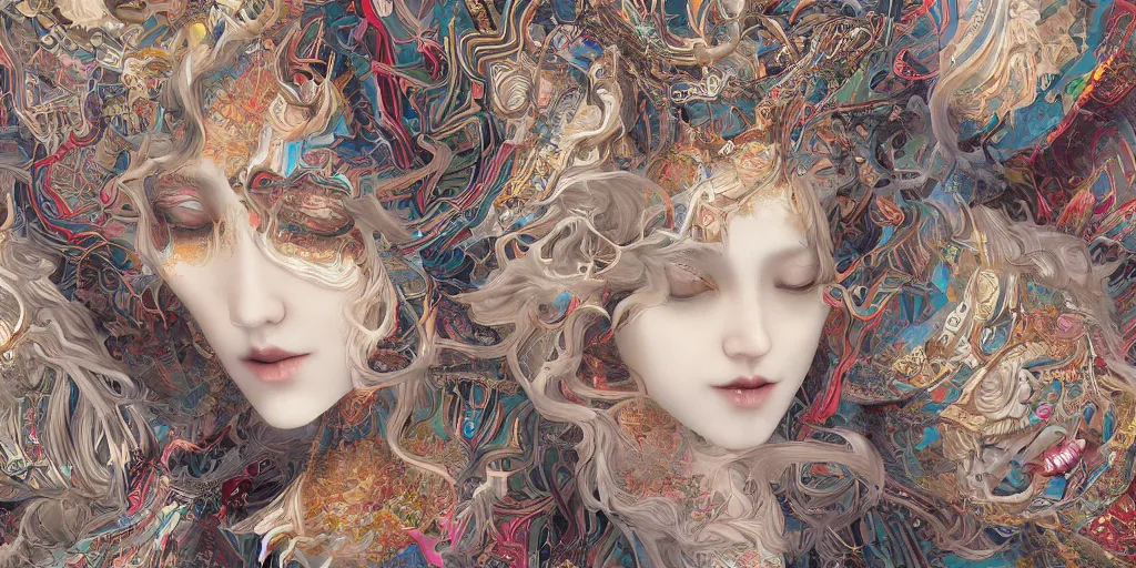 Image similar to breathtaking detailed concept art painting kaleidoscope art deco pattern of blonde faces goddesses amalgamation winter, by hsiao - ron cheng, bizarre compositions, exquisite detail, extremely moody lighting, 8 k