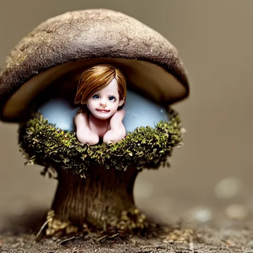 Image similar to tiny emma watson living under a mushroom. macro photography.