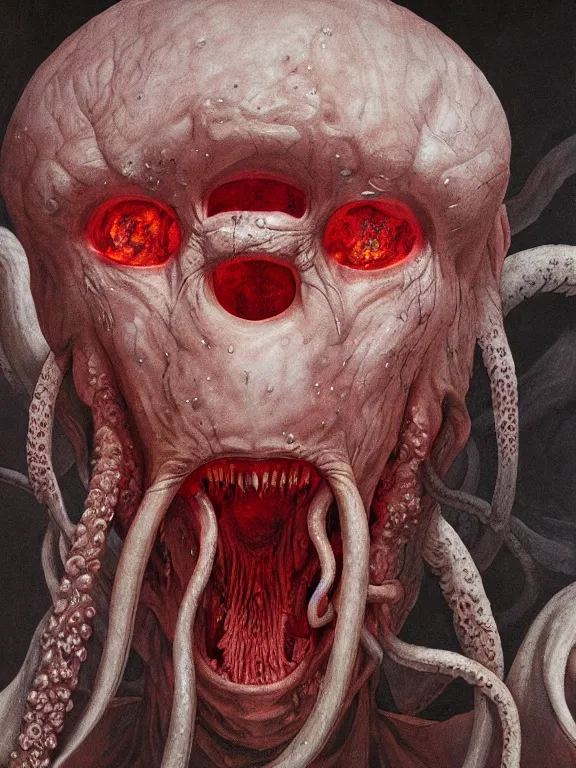 Image similar to wayne barlowe painting of a flying sorrowful looking severed human head with tears running down it's eyes, face that is chalk white in color, with long white tentacles stemming from it's neck, fiery scorching red eyes, background sprawling terrifying hellish cave with lava flowing through it's walls, 4 k