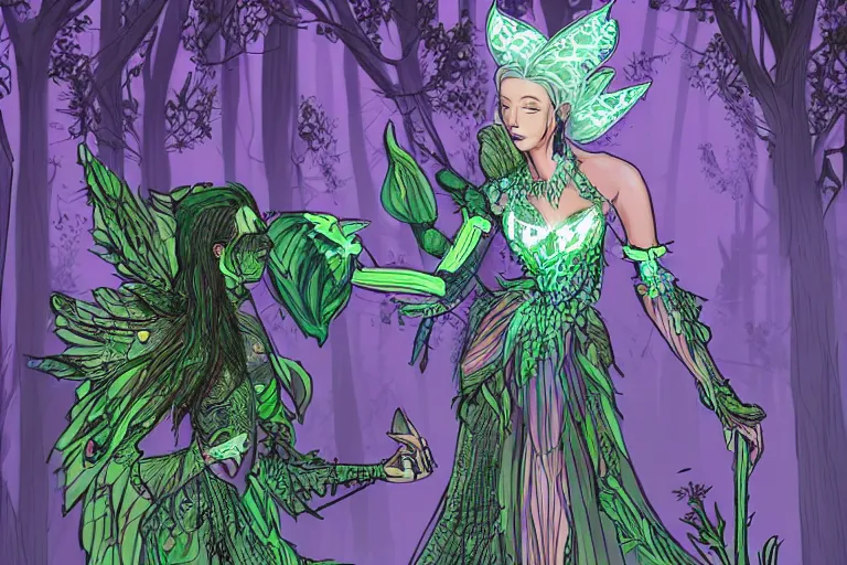 Prompt: fantasy ethereal forestfolk cybernetic fairy fashion zine