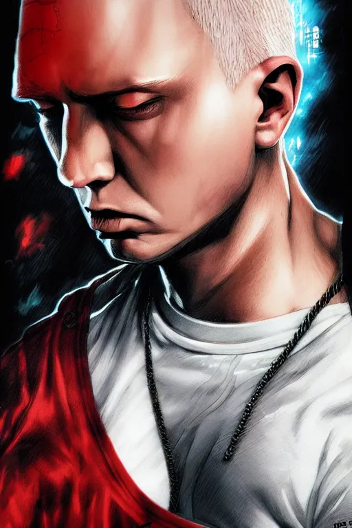 Prompt: eminem, manga cover art, detailed color portrait, artstation trending, 8 k, greg rutkowski