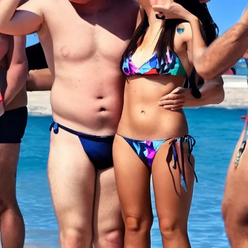 Image similar to photo of a 4 0 year old man that looks young for his age dating a very attractive 2 2 year old woman wearing a bikini. they at a rally.