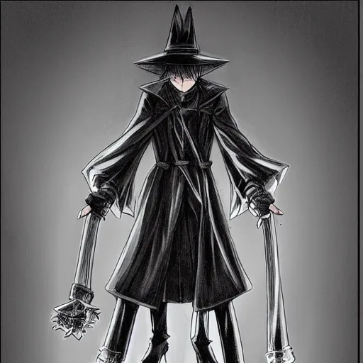 Image similar to adult male ; black mage ; large wizard hat with very long brim hiding face ; high collar ; wearing long coat ; drawn by hirohiko araki ; detailed manga art ; anime key visual ; cinematic ; trending on artstation ; high detail ; digital art ; no weapons