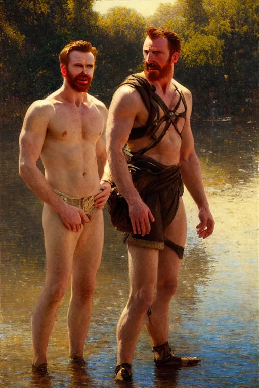 Prompt: chris evans and michael fassbender by a river, bright sunlight, oil covered skin, painting by gaston bussiere, craig mullins