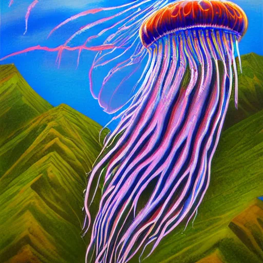 Image similar to jellyfish jumping up a mountain, alex gray