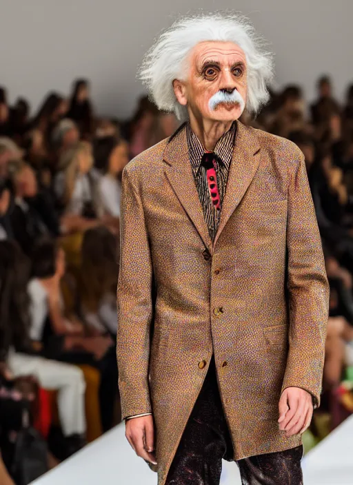 Prompt: hyperrealistic and heavy detailed lgucci runway show of albert einstein, leica sl 2 5 0 mm, vivid color, high quality, high textured, real life