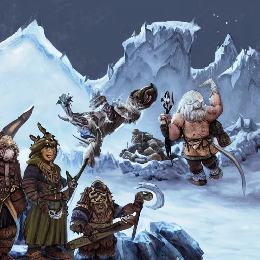 Prompt: an orc barbarian, gnome druid, halfling sorcerer, tabaxi monk, and warforged swashbuckler rogue fighting an adult white dragon on top of an ancient, ice covered fortress at the peak of a mountain, epic fantasy art wide angle, tony diterlizzi, lisa parker, selina fenech