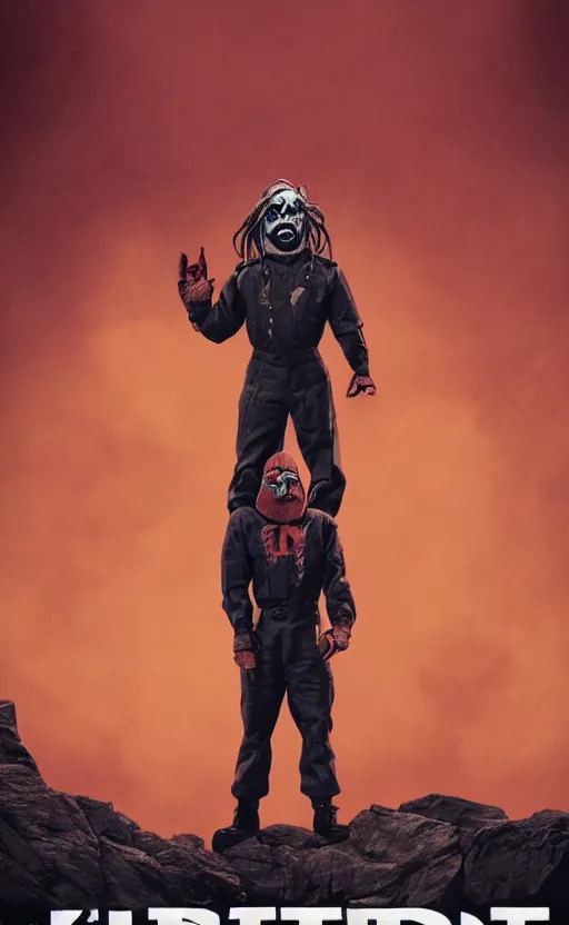 Prompt: propaganda poster slipknot standing on cliff, 8 k, trending on artstation