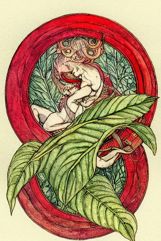 Image similar to red ouroboros in the center of a circular frame of leaves, art by walter crane and arthur rackham, illustration style, watercolor