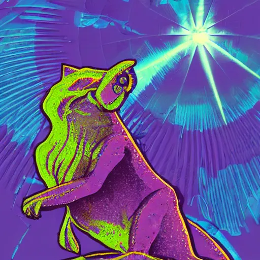 Prompt: a small creature sitting on a perch. in the style of 70s sci-fi illustration. psychedelic. other worldly.