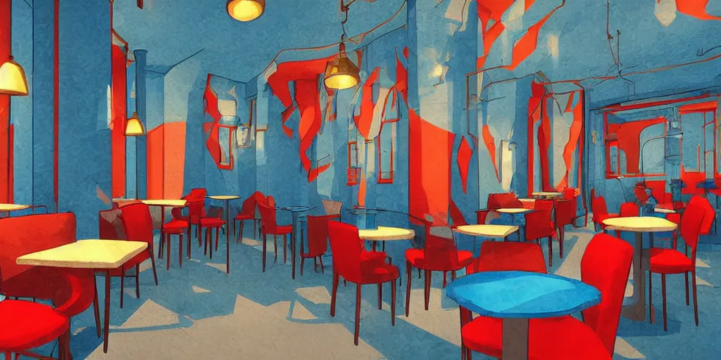 Image similar to cafe interior, blue and red tones, fantasy art, 2 d game art
