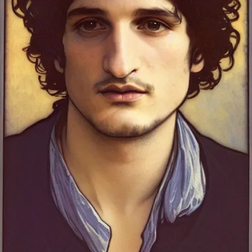 Prompt: louis garrel portrait by louis - theophile hingre and alphonse mucha, realistic, sharp focus, zodiac signs, tarot cards, planets, ethereal, art nouveau, magic, moon, sun, crown, dreamy, royal, jewellery