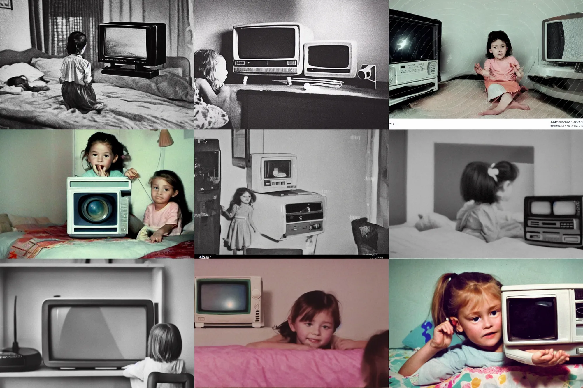 Prompt: Home video footage. A little girl is watching TV in her room at night. The girl is on her bed. The cathode-ray tube TV. Color VHS picture quality with mixed noise.