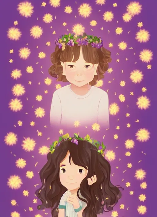 Prompt: little girl with wavy curly light brown hair. wearing a flower crown and chasing fireflies in the woods. clean cel shaded vector art. shutterstock. behance hd by lois van baarle, artgerm, helen huang, by makoto shinkai and ilya kuvshinov, rossdraws, illustration, art by ilya kuvshinov