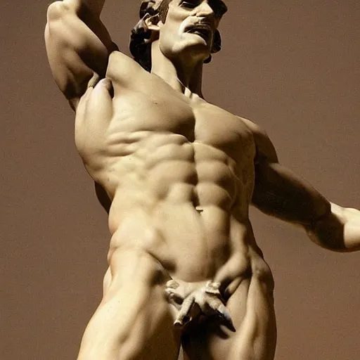 Image similar to a renaissance sculpture of a tall, muscular, handsome, gorgeous beautiful male with the face of Waluigi from Nintendo,
