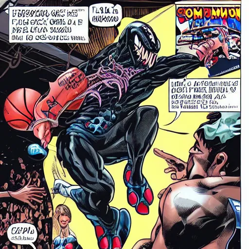 Image similar to venom from marvel doing a slam dunk in basketball