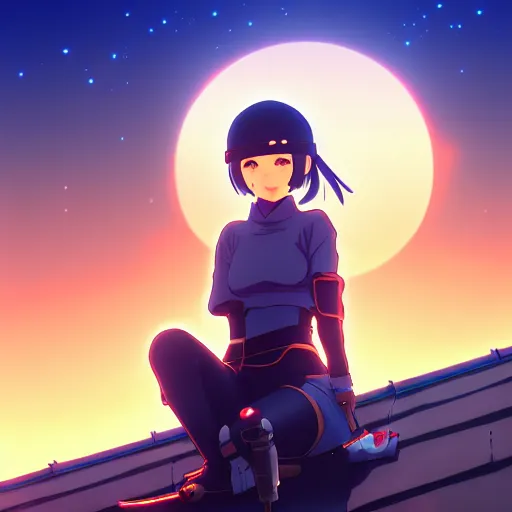 Prompt: digital anime art in the style of netflix arcane, cute female ninja sitting on an old japanese roof at golden hour, soft azure blue eyes, sincere smile, close up, wlop, ilya kuvshinov, backlit