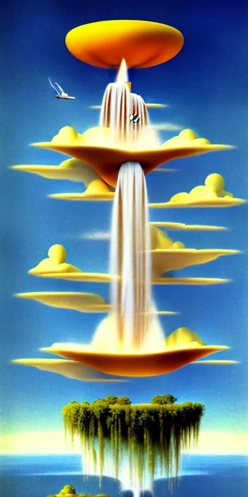 Image similar to floating island in the sky, with a waterfalls, 4k image, award winning by Gil Elvgren