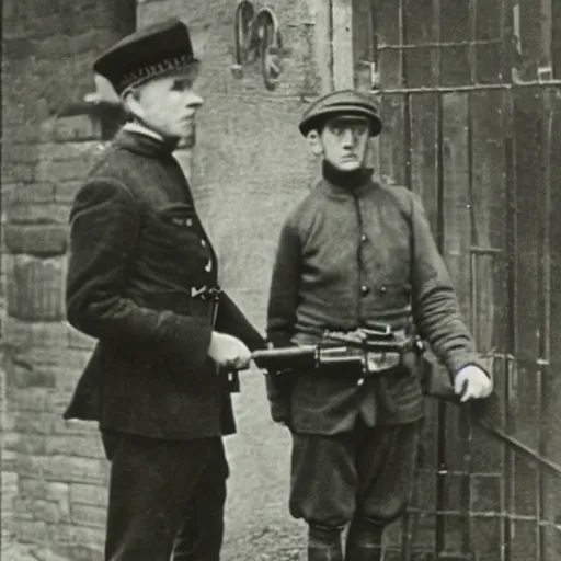 Prompt: A 1920\'s London police inspector with a stern look pointing his gun towards a frightened young man with long hair against a stone wall