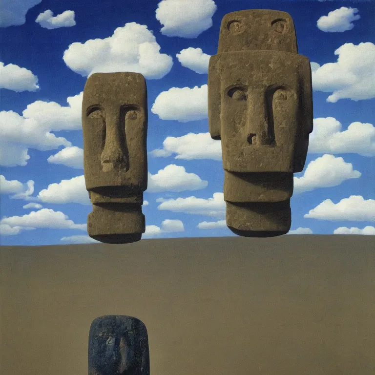 Image similar to portrait of a moai - head man in a suit, clouds in the background, by rene magritte, detailed painting, distance, middle centered, hd, hq, high resolution, high detail, 4 k, 8 k