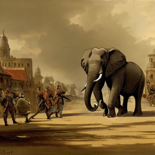 Prompt: elephant with a ww 1 artillery gun in place of its head, men in napoleonic uniform operate the artillery gun, the elephant walks through the streets of a medieval city, illustration, rpg, hubert robert