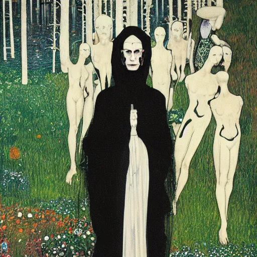 Prompt: Tilda Swinton with beautiful clear defined face and body as a gothic victorian woman clothed in black dress and veil standing in front of a lake near an ominous forest. Junji Ito, Gustav Klimt, Edvard Munch, sharp focus, HR Giger