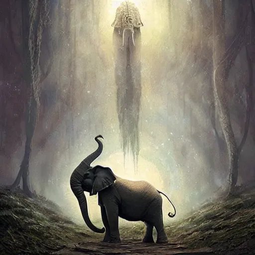 Prompt: Mystical elephant reading tarot cards, detailed, digital art, intricate, concept art, Greg Rutkowski, epic, fantasy