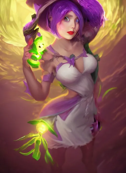 Image similar to lulu short fairy witch with green eyes, from league of legends, purple skin, au naturel, hyper detailed, digital art, trending in artstation, cinematic lighting, studio quality, smooth render, fluorescent skin, unreal engine 5 rendered, octane rendered, art style by klimt and nixeu and ian sprigger and wlop and krenz cushart