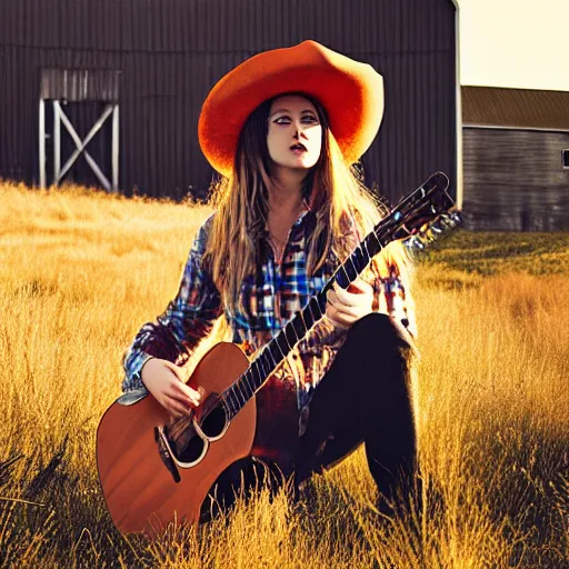 Image similar to a female fluffy fox animal, wearing cowboy hat, wearing plaid shirt, playing guitar, in a field, barn in background, album cover style