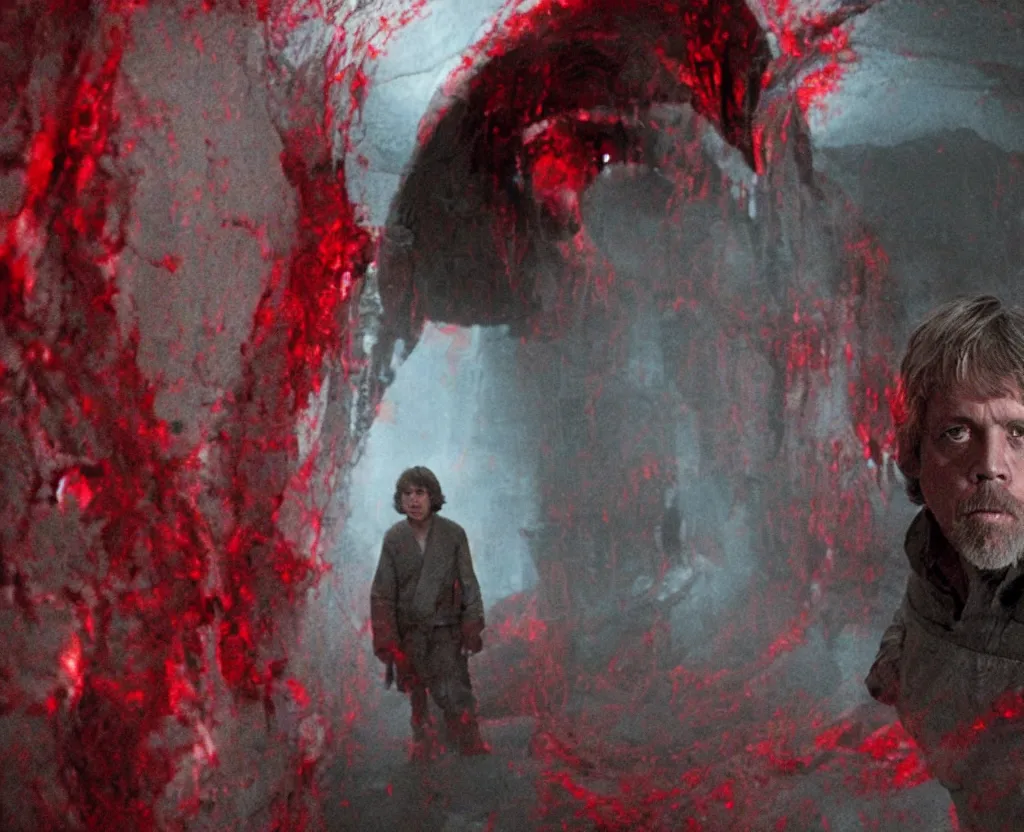 Prompt: Luke Skywalker entering a horrific chamber full of blood red spirals and other indescribable horrors beyond our comprehension, horror, cosmic horror, cinematic, film grain, 4k