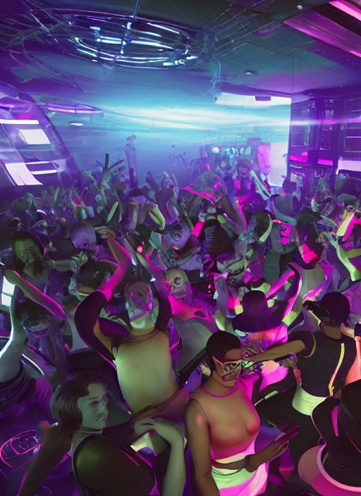 Prompt: a group of degenerates raving in a space station, octane render