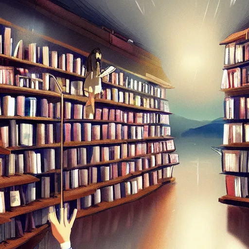 Image similar to At the end of the world, a high school girl browsing in a bookstore, Makoto Shinkai style
