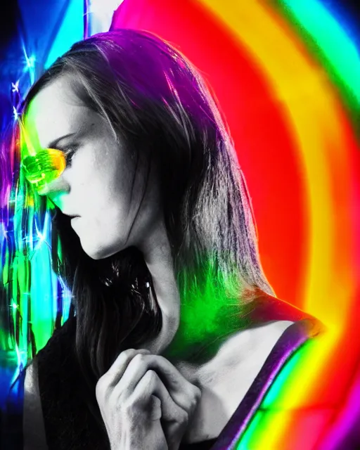 Prompt: solar lens flare, crystal reflections, rainbow light, sharp lines, thick black ink, detailed woman's face