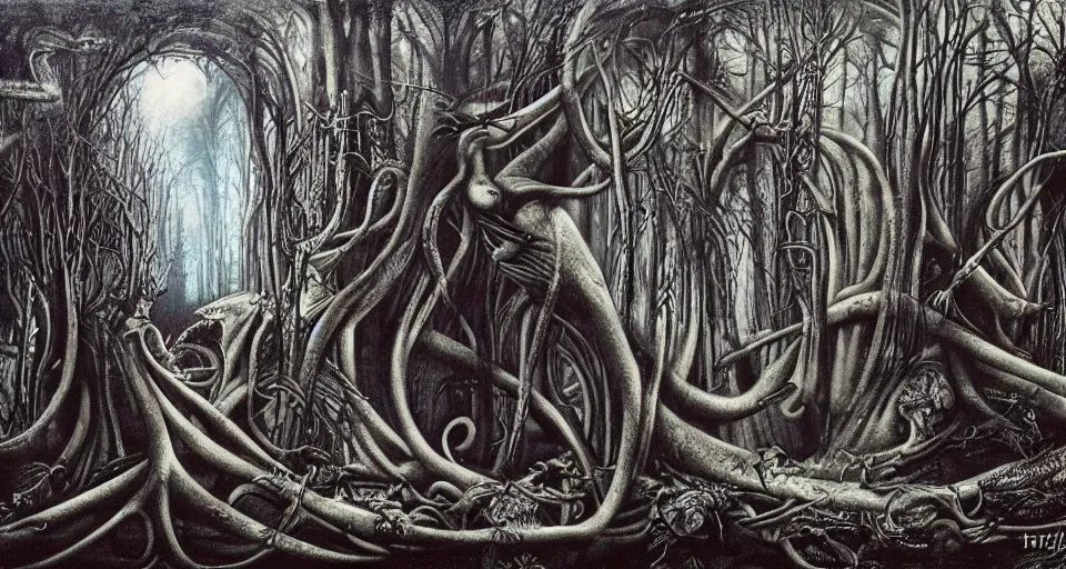 Prompt: Enchanted and magic forest, by HR Giger