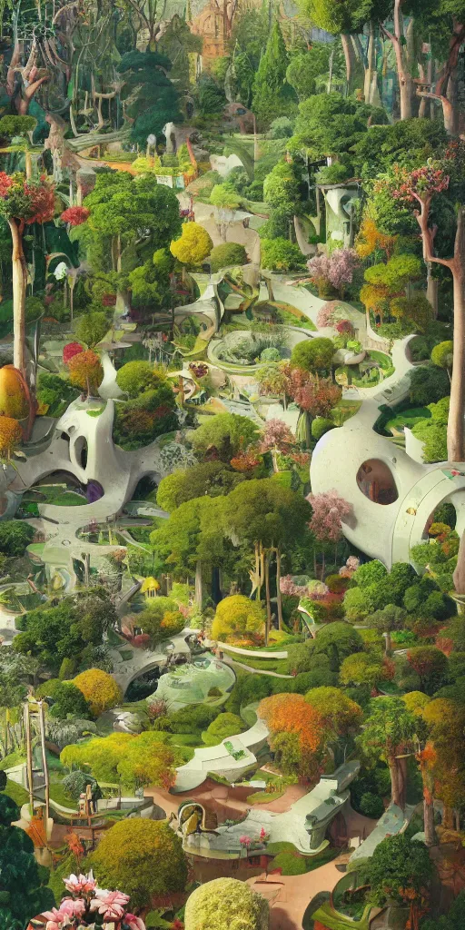 Image similar to bosch and beeple and beeple painting of a magnificent garden filled with remarkable sculptures, trees, and structures, incredible details