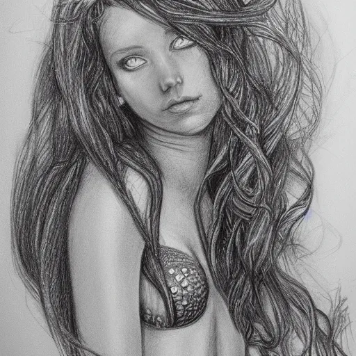 Prompt: detailed portrait of a beautiful mermaid, pencil sketch,