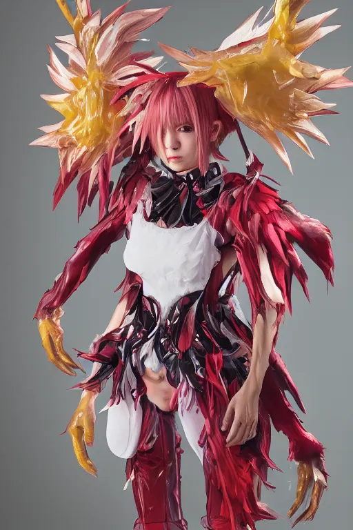 Prompt: a anime monster wearing a diy costume made from transparent plastic, final fantasy, oil painting