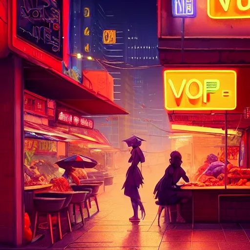 Image similar to splash art of anthropomorphic female vulpes vulpes fulva woman sitting at a noodle stand eating noodles in the crowded street of a cyberpunk city, rain, harsh neon lights, atmospheric : by weta, greg rutkowski, wlop, ilya kuvshinov, rossdraws, artgerm, octane render, liosh, mucha