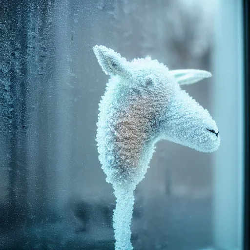 Prompt: a beautiful closeup photo of a frost on window in shape of a sheep, hyper realistic, hyper detailed, octane render, raytracing