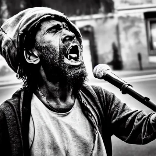 Image similar to A homeless man singing a metal song, black and white.