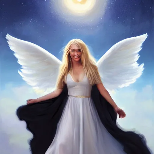 Prompt: a painting of an angel, a young woman with long blond hair and a halo wearing a black top and beautiful dress, smiling in heaven, jessica rossier