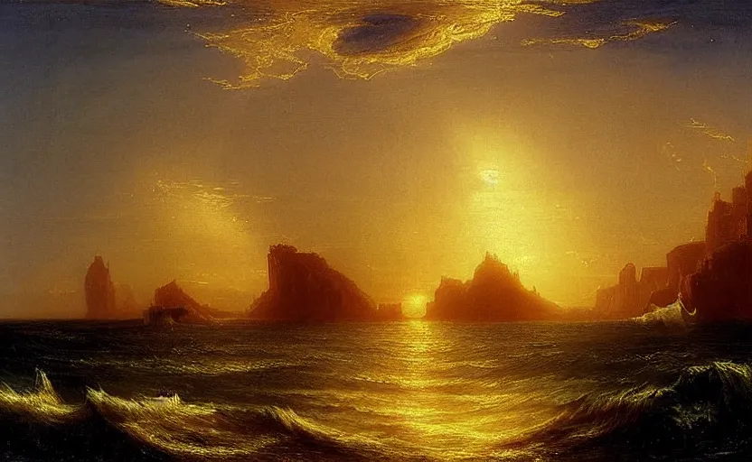 Prompt: a city of light and gold under the ancient runs of the ocean painted by thomas cole