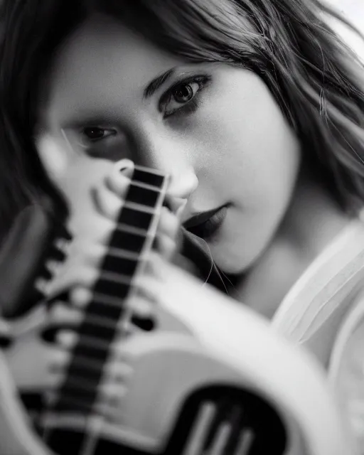 Prompt: beautiful photograph hd detailed cinematic acoustic guitar girl portrait in alex ross technoir kubrick leica zeiss depth of field lens flare style trending on flickr