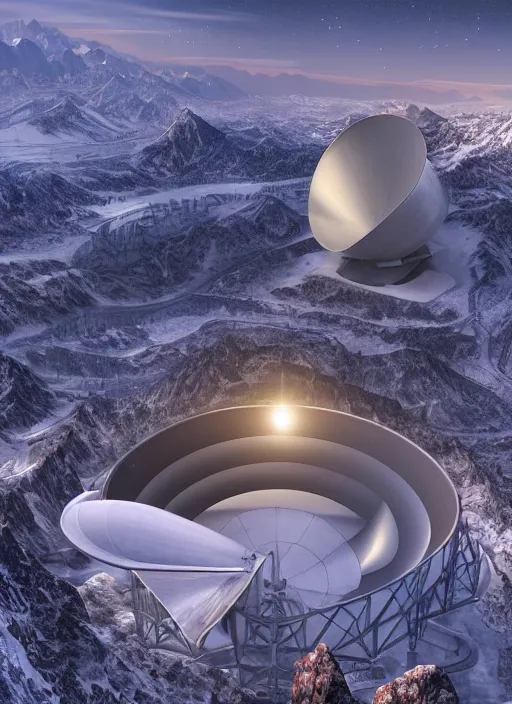 Prompt: matte painting of a colossal radio telescope on a snowy mountain top, realistic rendering, unreal engine, 4k, hdr, high dynamic range, f12, michael whelan, james gurney, high tech, star wars cavern interior