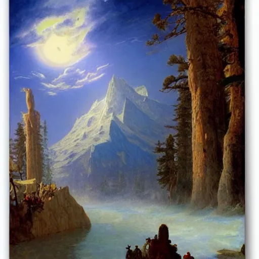 Prompt: Hyperborea painting by Vsevolod Ivanov and Albert Bierstadt